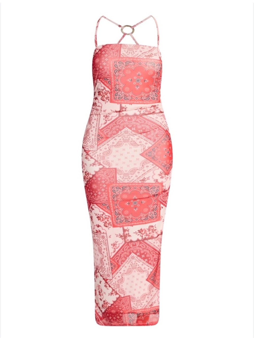No Boundaries Red Pink Patchwork Bandana Halter Backless Maxi Dress Boho NWT
